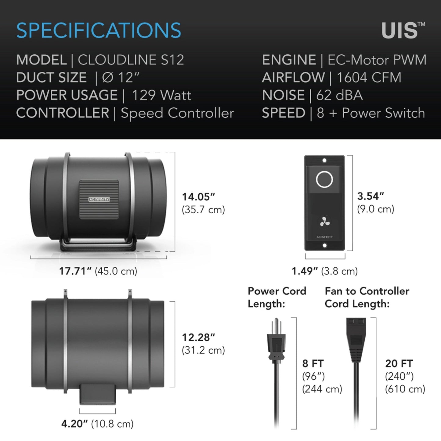 S12 Cloudline EC Inline Fan - AC Infinity