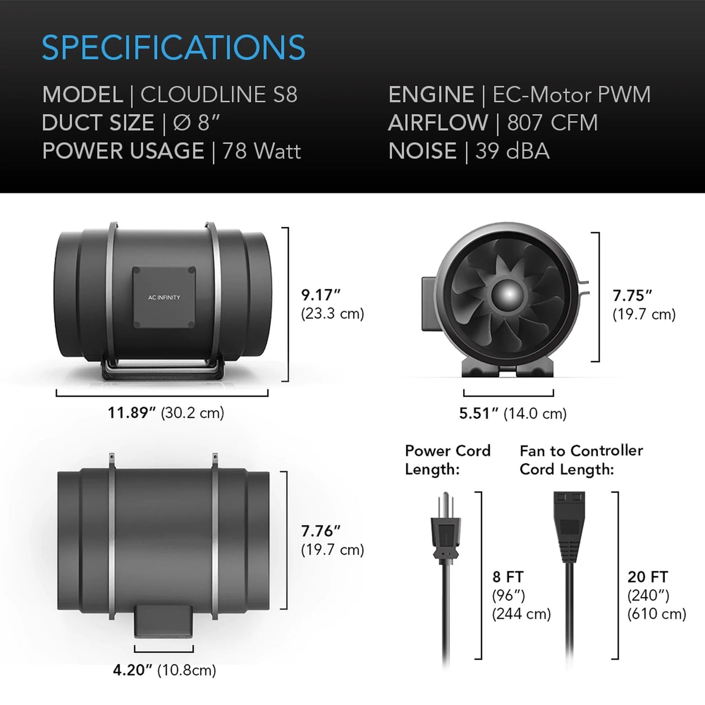 S8 Cloudline Inline EC Fan - AC Infinity